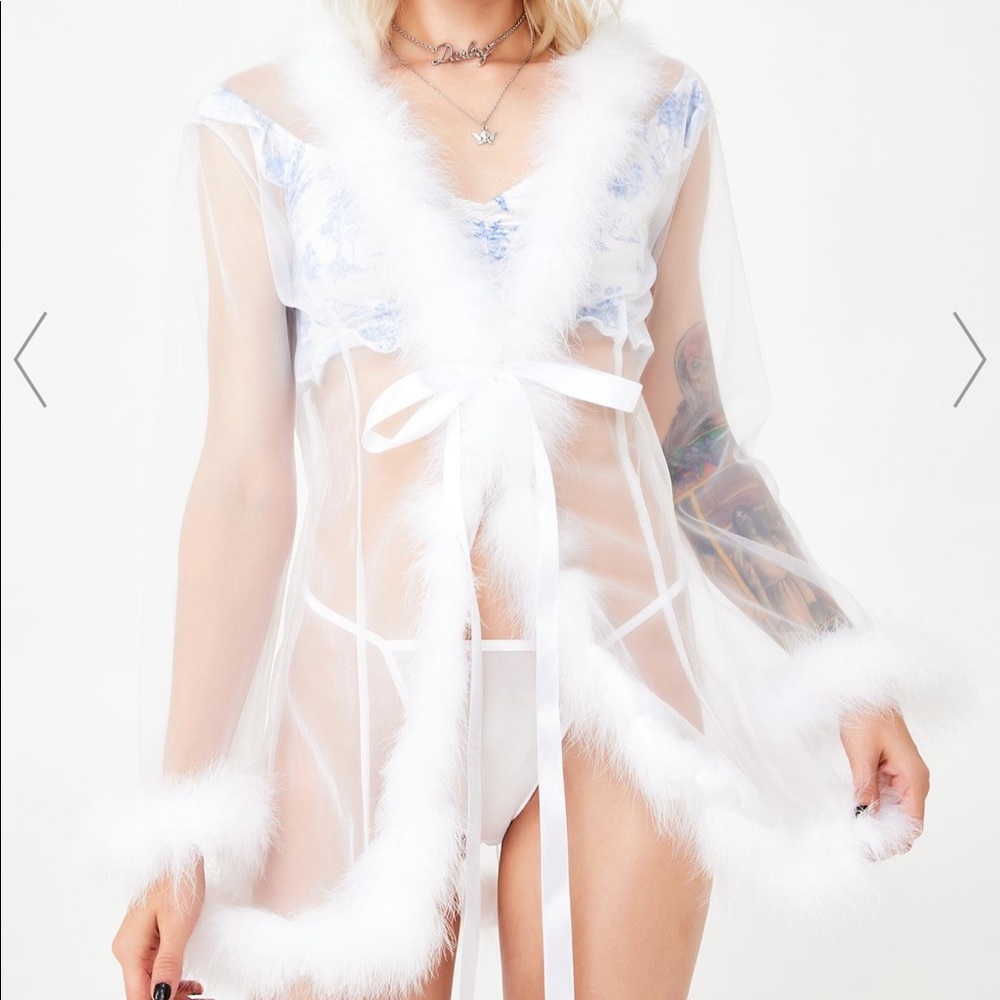 Dollskill White mesh marabou lingerie robe